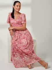 Jolie Moi Red Bianca V-Neck Pleated Mesh Maxi Dress - Image 6 of 6