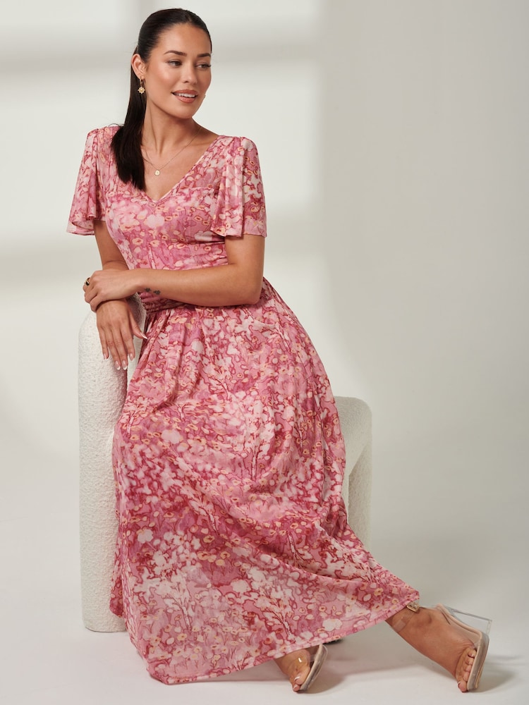 Jolie Moi Red Bianca V-Neck Pleated Mesh Maxi Dress - Image 6 of 6