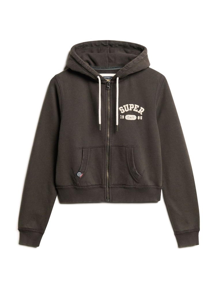Superdry Bison Black 100% Cotton Athletic Relaxed Crop Zip Hoodie - Image 4 of 5