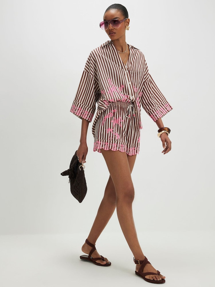 River Island Brown Stripe Embroidered Toucan Shorts - Image 1 of 4 River Island Brown Stripe Embroidered Toucan Shorts - Image 1 of 4