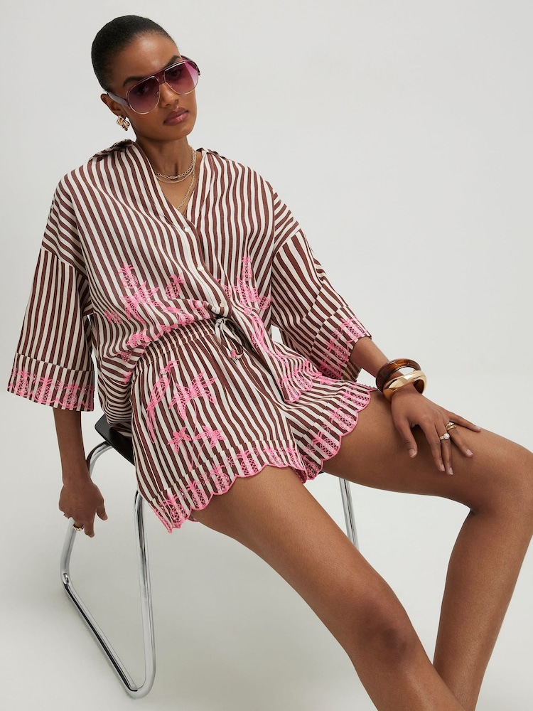 River Island Brown Stripe Embroidered Toucan Shorts - Image 2 of 4 River Island Brown Stripe Embroidered Toucan Shorts - Image 2 of 4