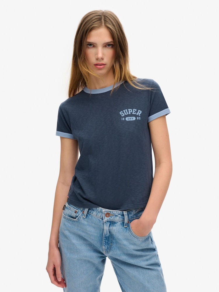 Superdry Richest Navy Slub 100% Cotton Athletic Ringer Fitted T-Shirt - Image 1 of 4