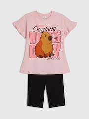 River Island Pink Capybara T-Shirt & Cycle Shorts Set - Image 3 of 5