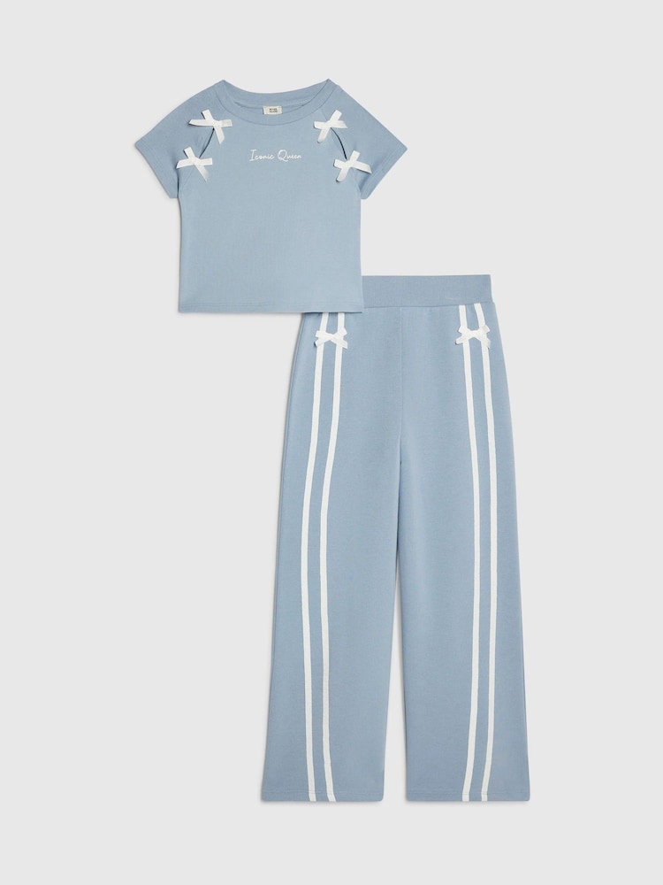 River Island Blue Bow Top & Wide Leg Joggers Set - Image 1 of 5 River Island Blue Bow Top & Wide Leg Joggers Set - Image 1 of 5