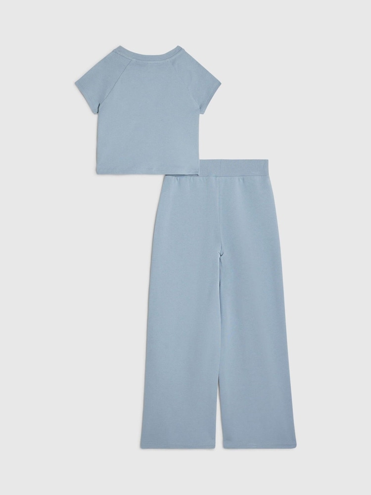 River Island Blue Bow Top & Wide Leg Joggers Set - Image 2 of 5 River Island Blue Bow Top & Wide Leg Joggers Set - Image 2 of 5