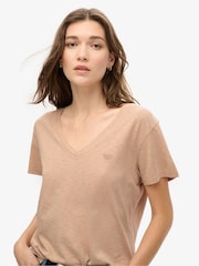 Superdry Light Taupe Slub Embroidered Relaxed V-Neck T-Shirt - Image 1 of 5