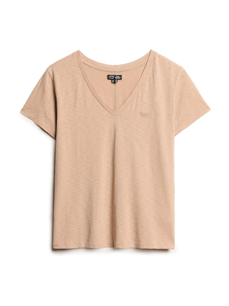 Superdry Light Taupe Slub Embroidered Relaxed V-Neck T-Shirt - Image 5 of 5