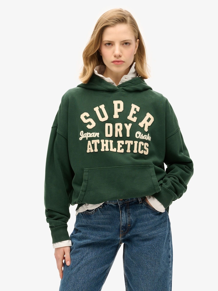 Superdry Enamel Green Athletic Applique Oversize 100% Cotton Hoodie - Image 1 of 7