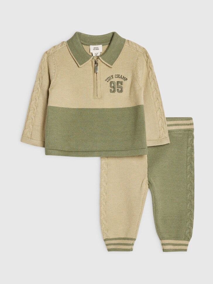 River Island Green Colour Block Polo Shirt & Joggers Set