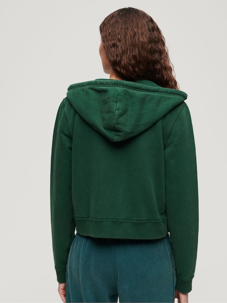 Superdry Enamel Green 100% Cotton Athletic Relaxed Crop Zip Hoodie - Image 3 of 6