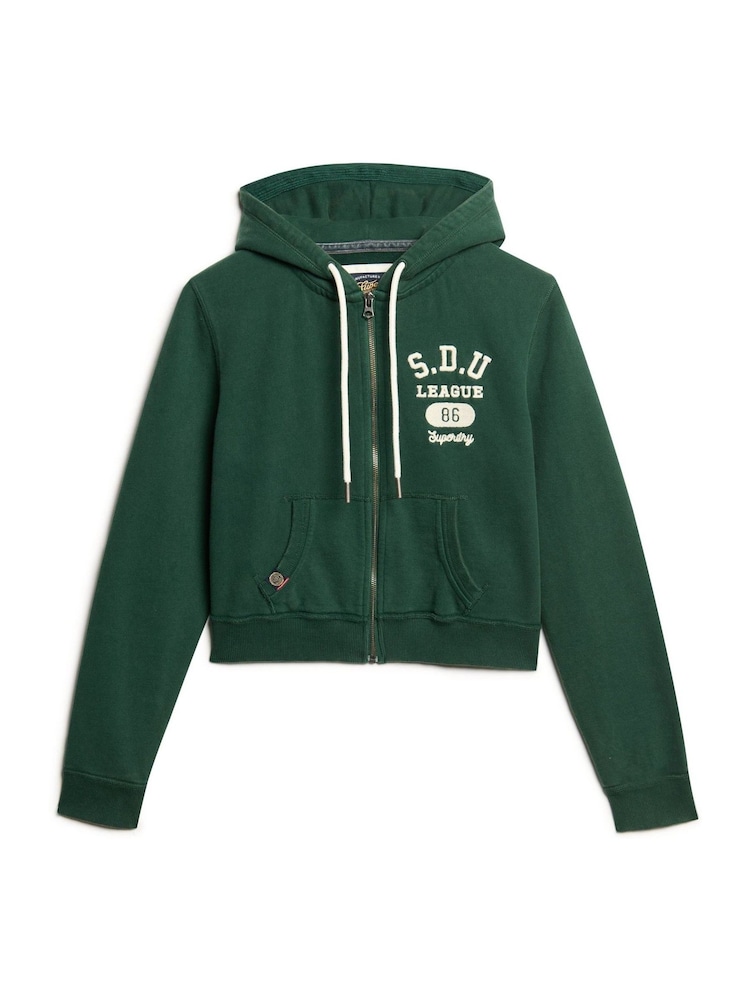 Superdry Enamel Green 100% Cotton Athletic Relaxed Crop Zip Hoodie - Image 4 of 6