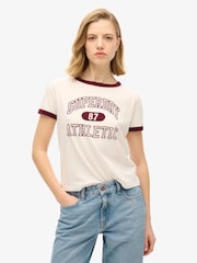 Superdry Off White Slub 100% Cotton Athletic Ringer Fitted T-Shirt - Image 1 of 7