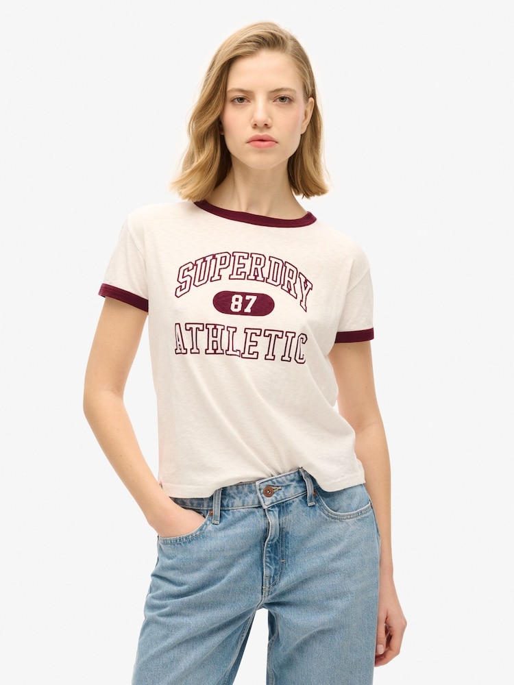 Superdry Off White Slub 100% Cotton Athletic Ringer Fitted T-Shirt - Image 1 of 7