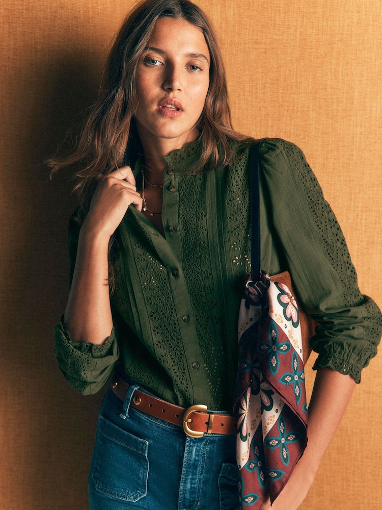 Boden Green Broderie Cotton Top - Image 1 of 5 Boden Green Broderie Cotton Top - Image 1 of 5