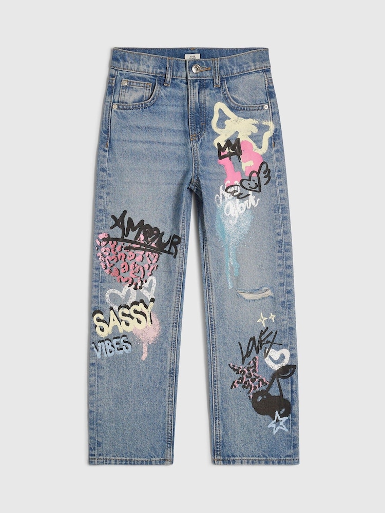 River Island Blue Amour Graffiti Straight Leg Jeans - Image 1 of 4