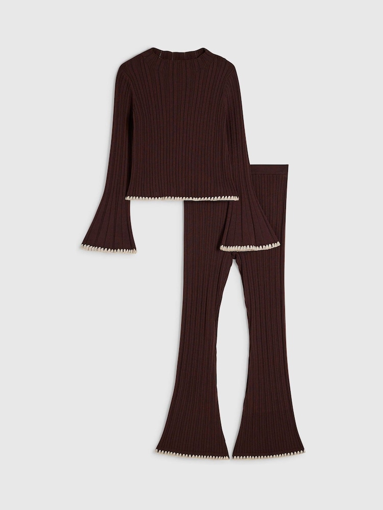River Island Brown Whipstitch Top & Kickflare Set - Image 1 of 5 River Island Brown Whipstitch Top & Kickflare Set - Image 1 of 5
