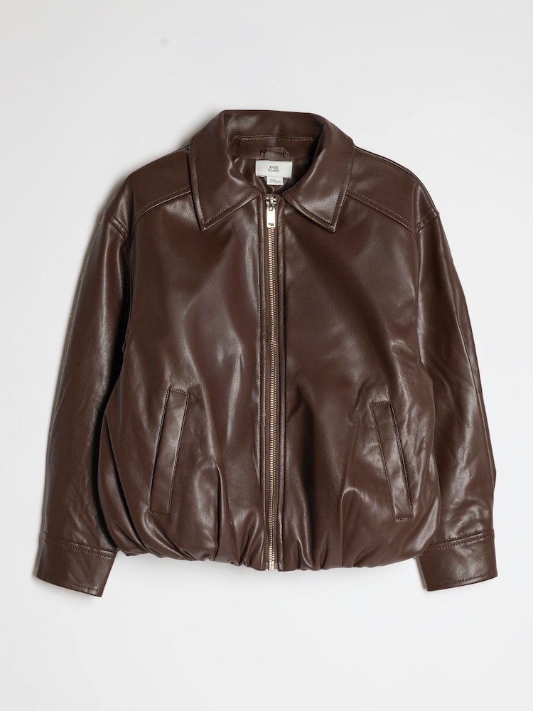 River Island Brown Faux Leather Bubble Hem Bomber Jacket - Image 1 of 4