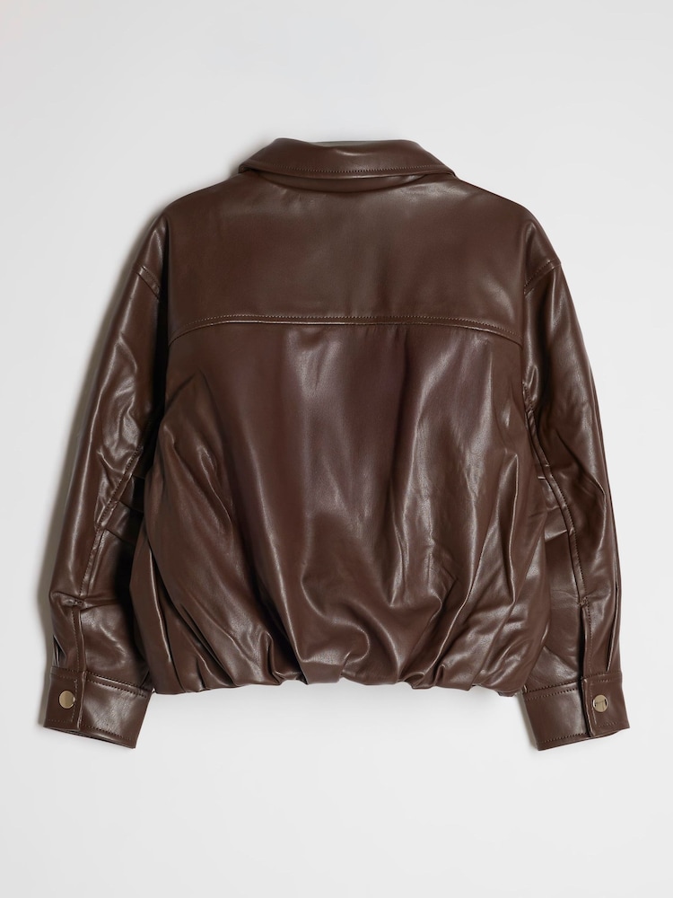 River Island Brown Faux Leather Bubble Hem Bomber Jacket - Image 2 of 4