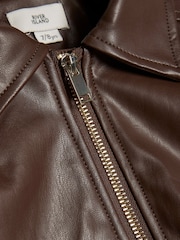 River Island Brown Faux Leather Bubble Hem Bomber Jacket - Image 3 of 4