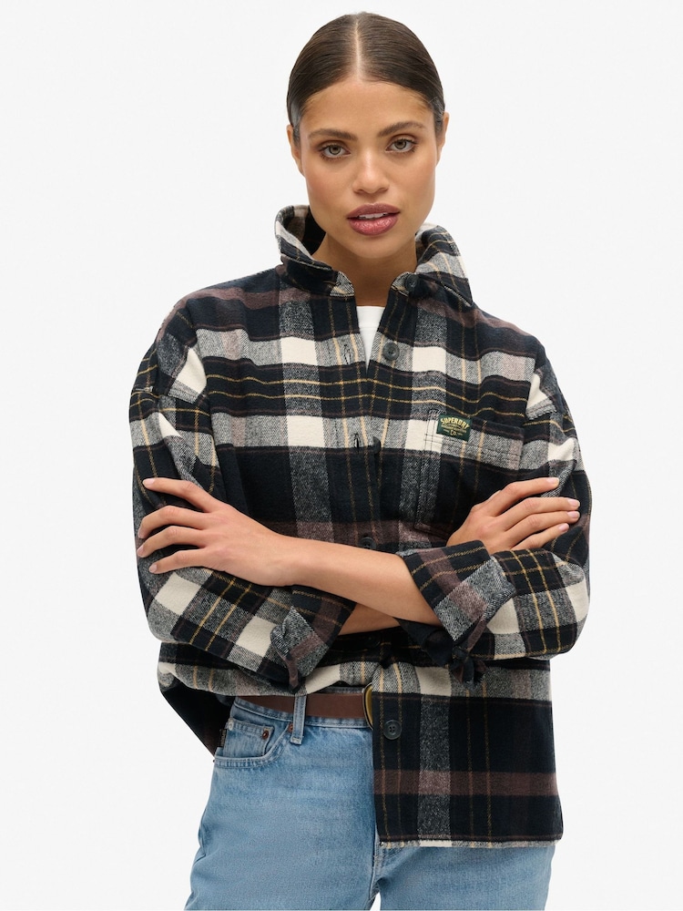 Superdry Chocolate/Black Check Check Flannel 100% Cotton Overshirt - Image 1 of 3