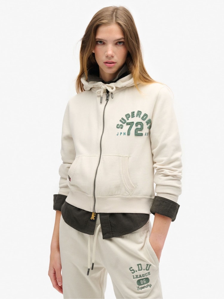 Superdry Turtledove Cream 100% Cotton Athletic Relaxed Crop Zip Hoodie - Image 1 of 6