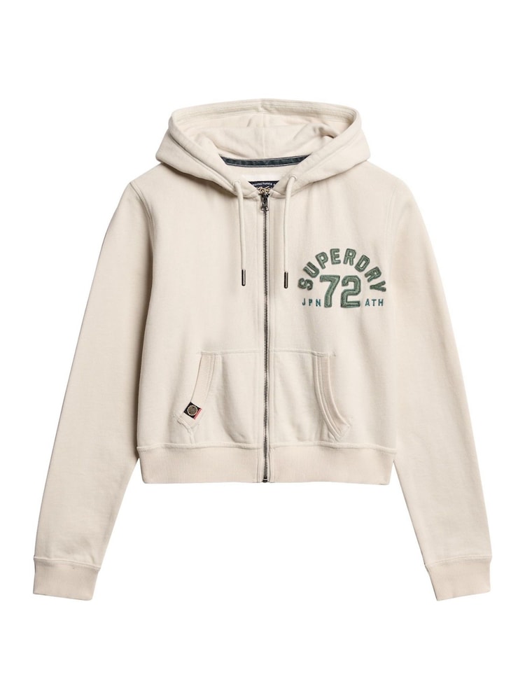 Superdry Turtledove Cream 100% Cotton Athletic Relaxed Crop Zip Hoodie - Image 5 of 6