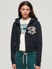 Superdry Eclipse Navy 100% Cotton Athletic Relaxed Crop Zip Hoodie - Image 1 of 6