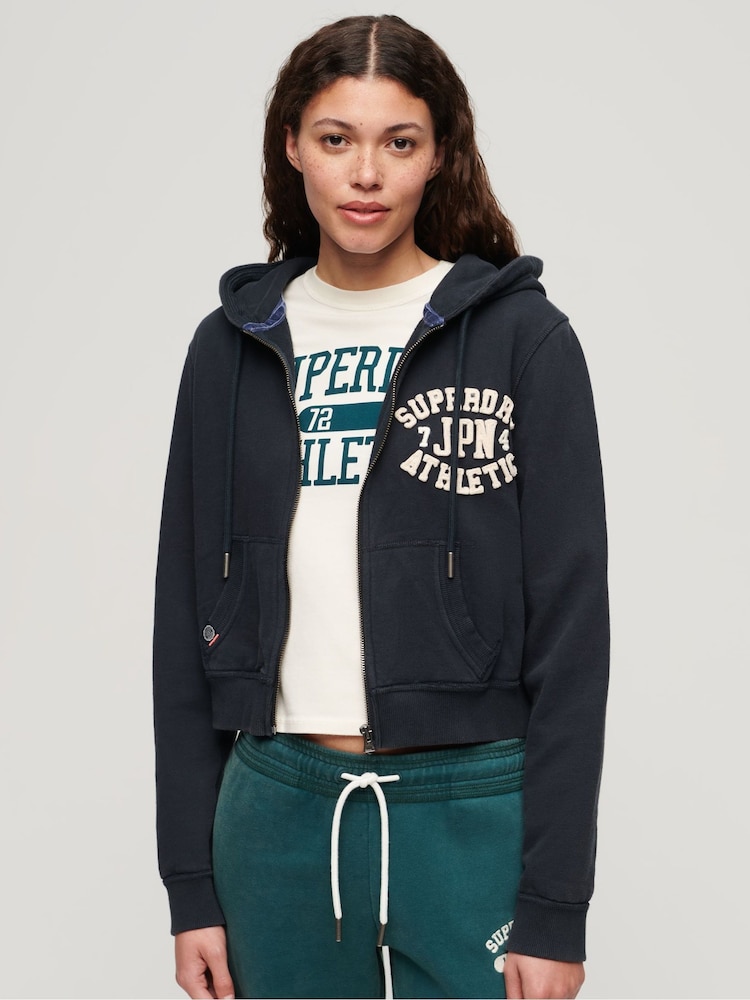 Superdry Eclipse Navy 100% Cotton Athletic Relaxed Crop Zip Hoodie - Image 1 of 6