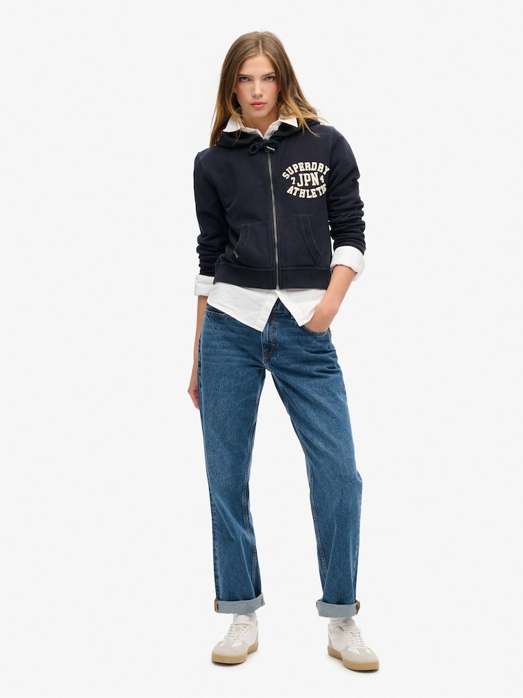 Superdry Eclipse Navy 100% Cotton Athletic Relaxed Crop Zip Hoodie - Image 3 of 6