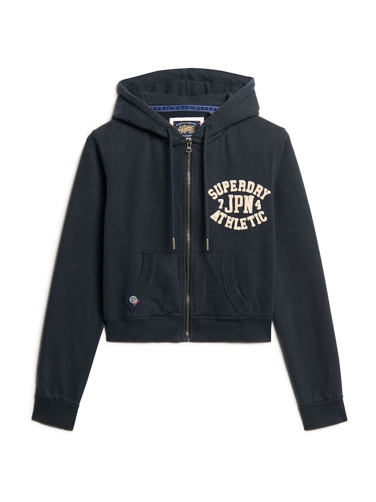 Superdry Eclipse Navy 100% Cotton Athletic Relaxed Crop Zip Hoodie - Image 4 of 6