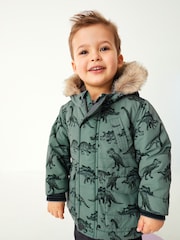 Sage Green Dinosaur Shower Resistant Faux Fur Parka Coat (3mths-7yrs) - Image 1 of 9