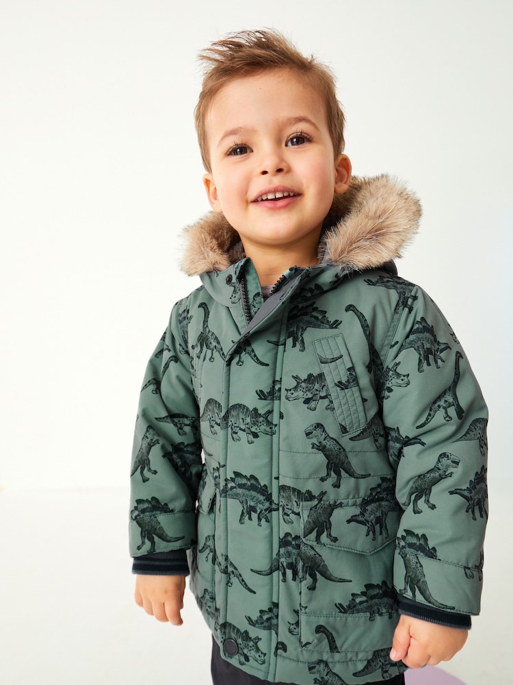 Sage Green Dinosaur Shower Resistant Faux Fur Parka Coat (3mths-7yrs) - Image 1 of 9