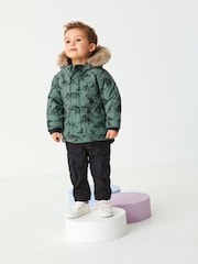 Sage Green Dinosaur Shower Resistant Faux Fur Parka Coat (3mths-7yrs) - Image 2 of 9