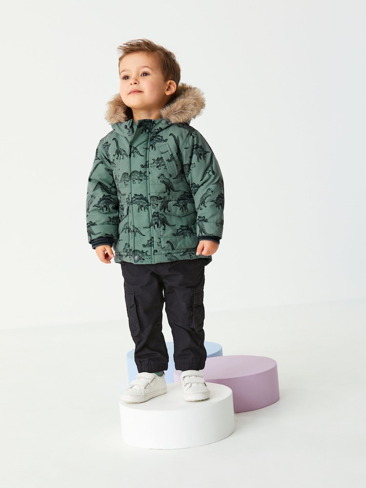 Sage Green Dinosaur Shower Resistant Faux Fur Parka Coat (3mths-7yrs) - Image 2 of 9