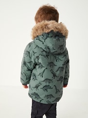 Sage Green Dinosaur Shower Resistant Faux Fur Parka Coat (3mths-7yrs) - Image 4 of 9