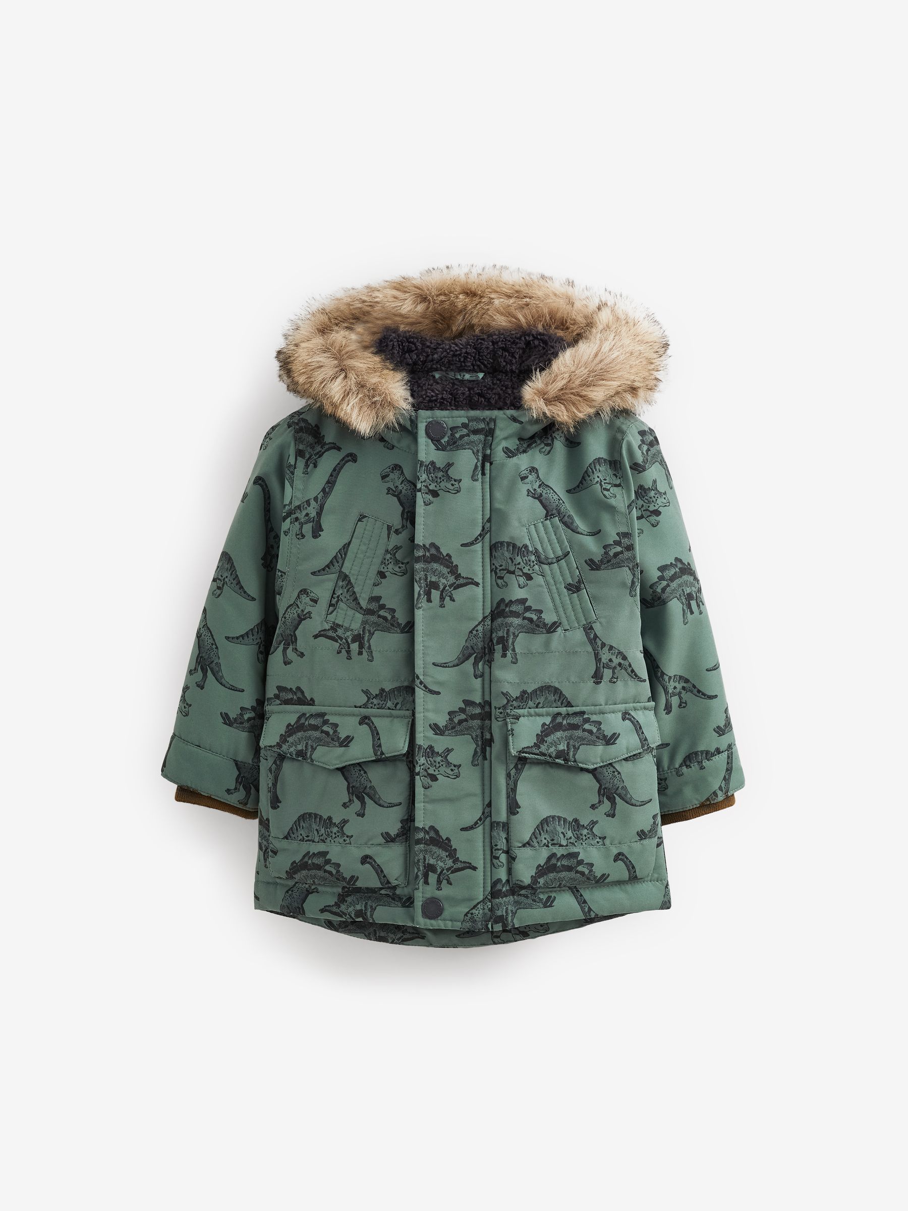 Buy Sage Green Dinosaur Shower Resistant Faux Fur Parka Coat 3mths 7yrs from Next Luxembourg