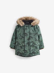 Sage Green Dinosaur Shower Resistant Faux Fur Parka Coat (3mths-7yrs) - Image 7 of 9