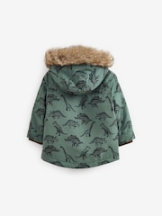 Sage Green Dinosaur Shower Resistant Faux Fur Parka Coat (3mths-7yrs) - Image 8 of 9