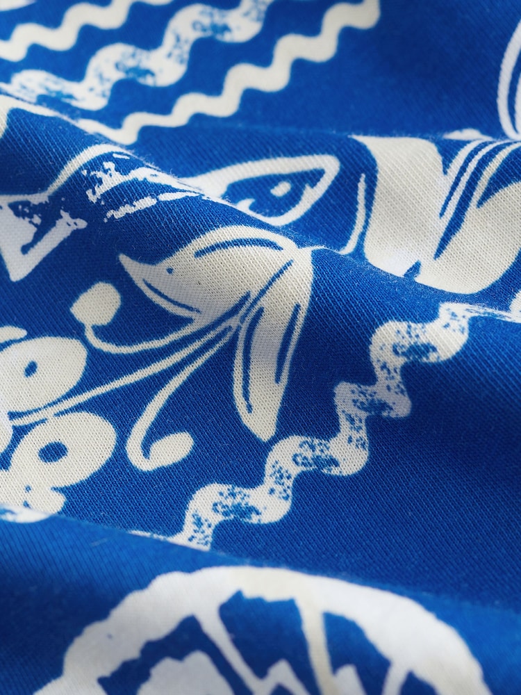 Blue Ceramic Print Sleeveless 100% Cotton Crew Neck Tiered Summer Maxi Jersey Dress - Image 6 of 6 Blue Ceramic Print Sleeveless 100% Cotton Crew Neck Tiered Summer Maxi Jersey Dress - Image 6 of 6