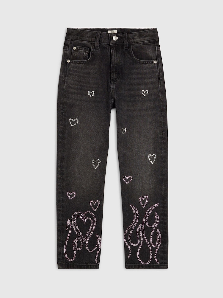 River Island Black Hotfix Angel Wing Straight Lega Jeans - Image 1 of 4 River Island Black Hotfix Angel Wing Straight Lega Jeans - Image 1 of 4