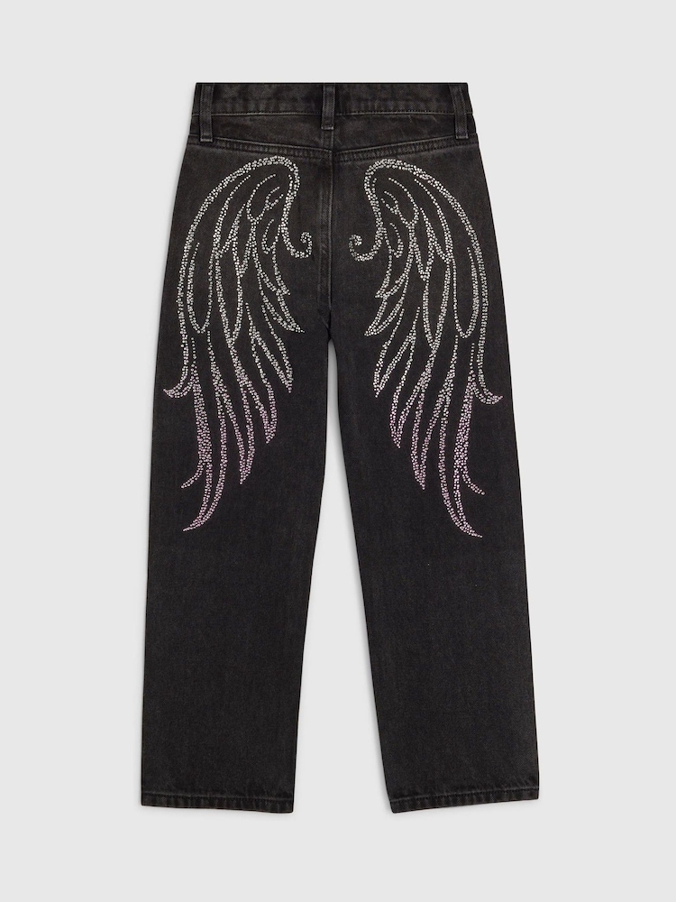 River Island Black Hotfix Angel Wing Straight Lega Jeans - Image 2 of 4 River Island Black Hotfix Angel Wing Straight Lega Jeans - Image 2 of 4