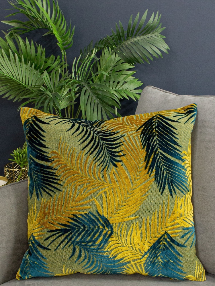 Riva Paoletti Gold/Teal Blue Palm Grove Velvet Polyester Filled Cushion - Image 1 of 2