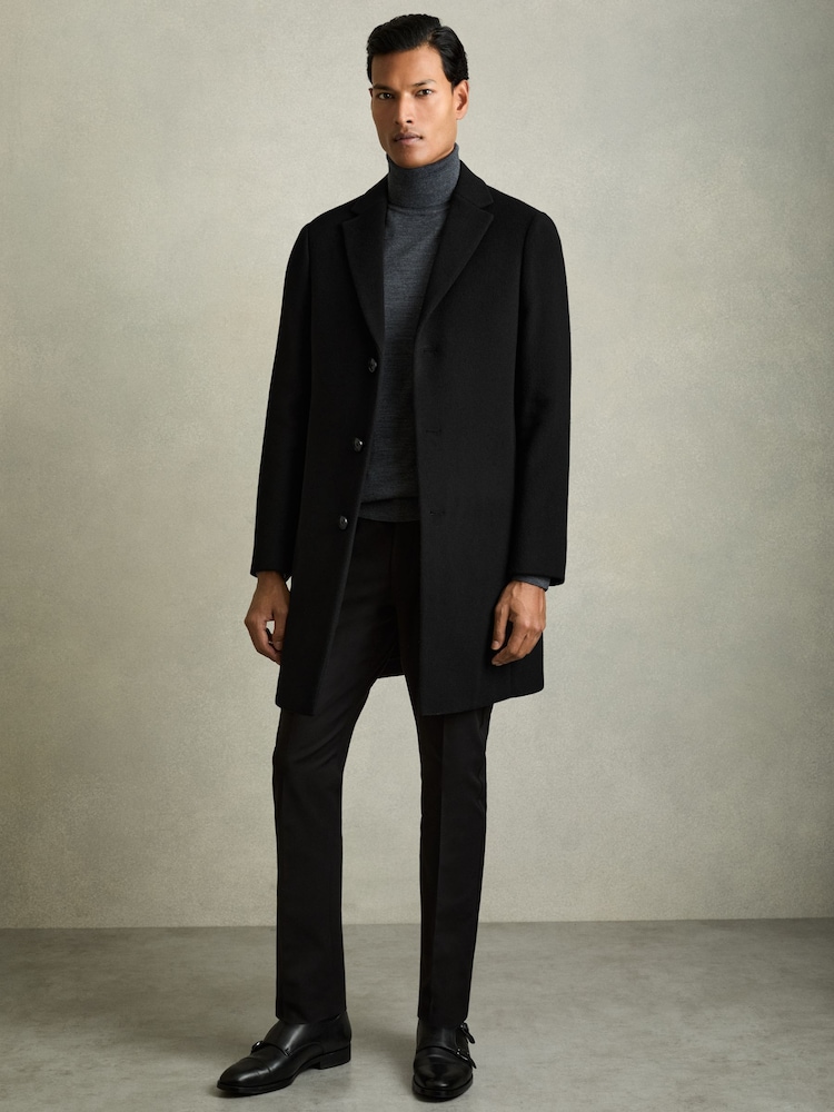 Reiss Black Gable Wool Blend Single Breasted Epsom Overcoat - Image 1 of 8