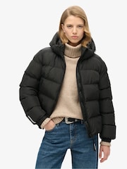 Superdry Black Hooded Sports Puffer Jacket - Image 1 of 8