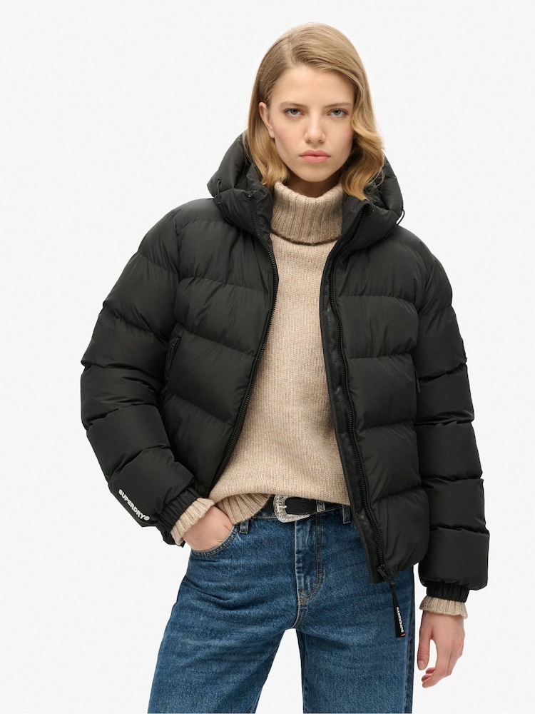 Superdry Black Hooded Sports Puffer Jacket - Image 1 of 8