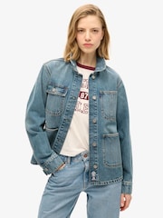 Superdry Fulton Vintage Blue Emb Denim Chore 100% Cotton Jacket - Image 1 of 4