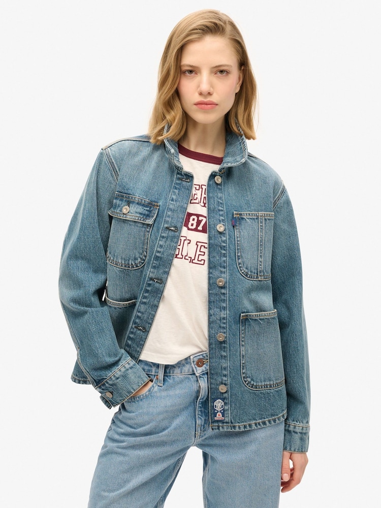 Superdry Fulton Vintage Blue Emb Denim Chore 100% Cotton Jacket - Image 1 of 4