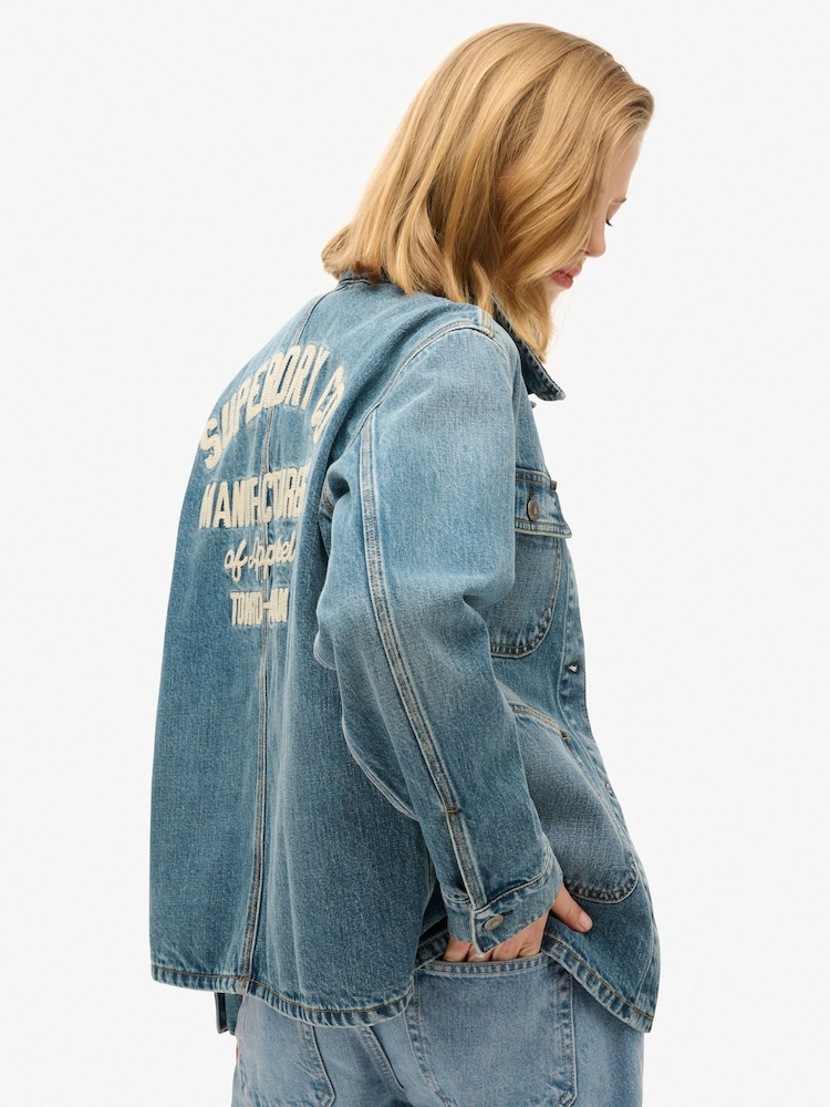 Superdry Fulton Vintage Blue Emb Denim Chore 100% Cotton Jacket - Image 4 of 4