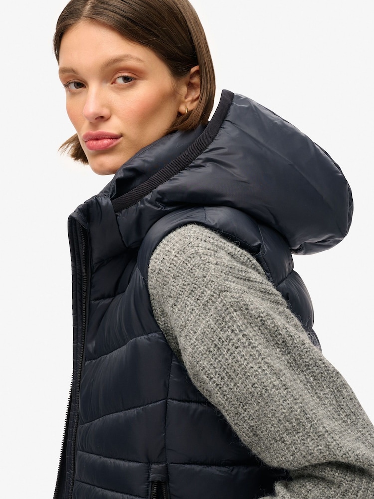 Superdry Eclipse Navy Hooded Fuji Quilt Padded Gilet Jacket - Image 2 of 7