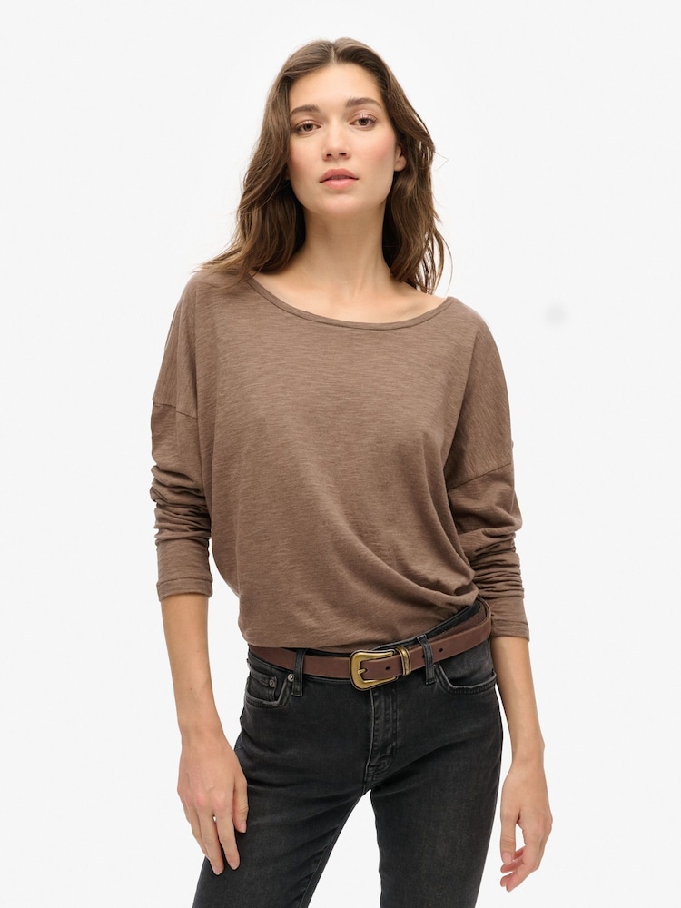 Superdry Nut Brown Marl Long Sleeve Jersey Top - Image 1 of 5